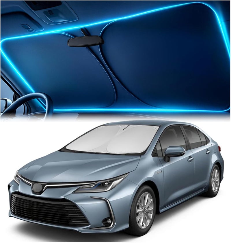 Windshield Sun Shade for Toyota Corolla 2020 2021 2022 2023 2024 2025 – Custom Fit Sun Shield with Mirror Cut‑Out, Blocks Heat & UV, Foldable with Storage Pouch - Toyota Corolla Windshield Sunshade